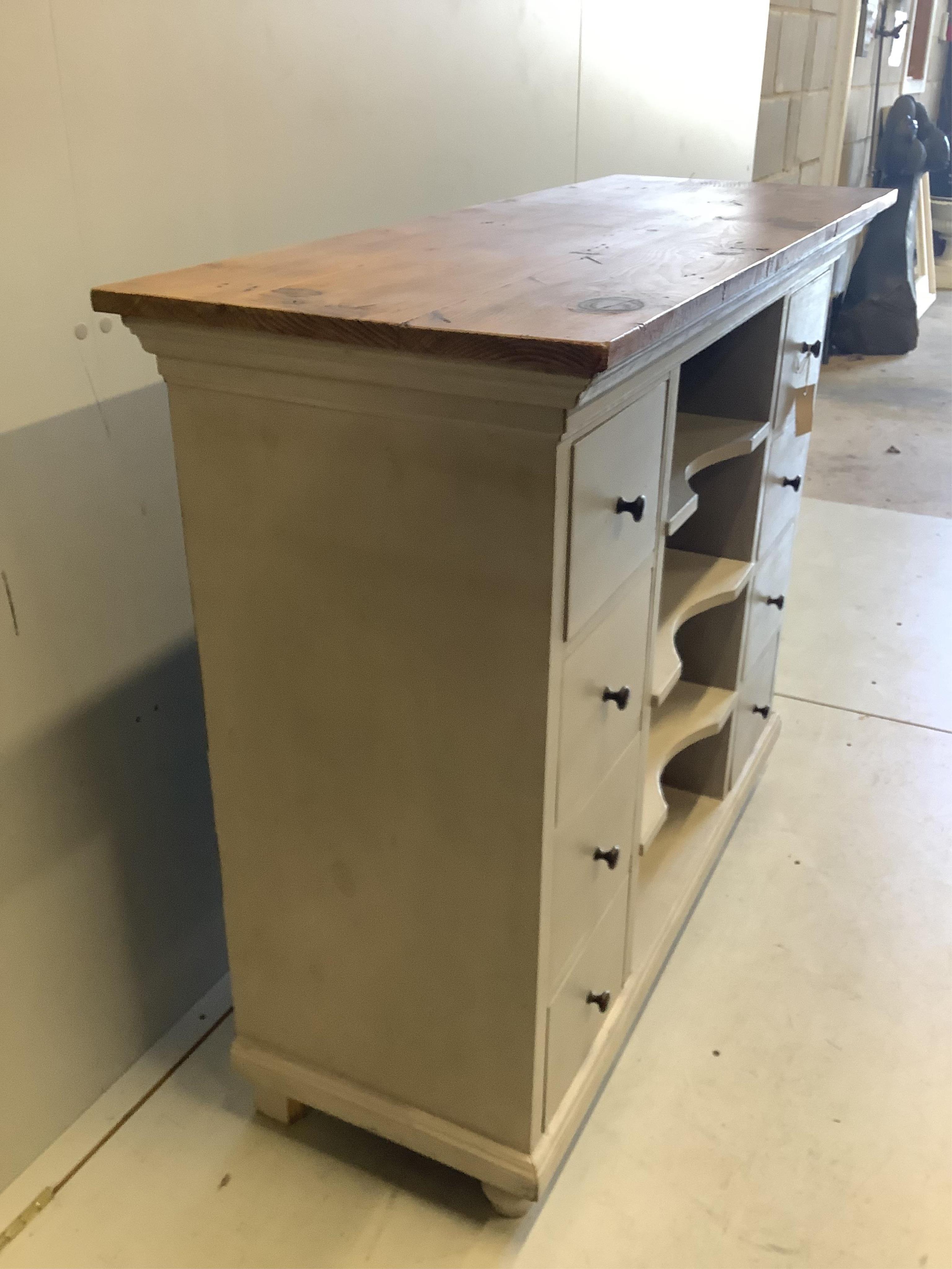 A painted pine eight drawer side cabinet, width 116cm, depth 43cm, height 97cm. Condition - fair to good